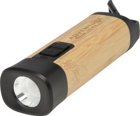 Kuma Taschenlampe aus Bambus und recyceltem RCS Kunststoff mit Karabinerhaken als Werbeartikel