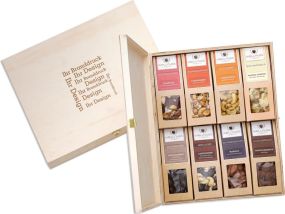 8 Premium Snacks in der Birkenholzbox als Werbeartikel