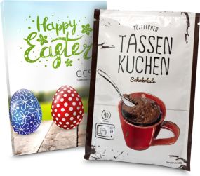 Geschenkartikel: Tassenkuchen Ostern, auch in individueller Stecktasche als Werbeartikel