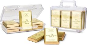 Präsentartikel: Goldkoffer mit 12 Goldbarren, Edelvollmilch-Schokolade (120 g) als Werbeartikel