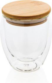 Doppelwandiges Borosilikatglas mit Bambusdeckel 250ml als Werbeartikel