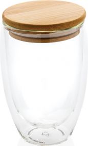 Doppelwandiges Borosilikatglas mit Bambusdeckel 350ml als Werbeartikel