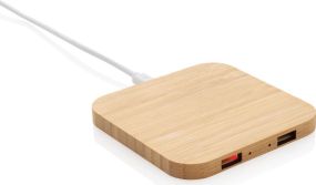 10W Wireless-Charger mit USB aus Bambus als Werbeartikel