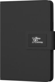 SCX.design O16 A5 Notizbuch mit Powerbank und Leuchtlogo als Werbeartikel