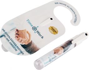 Handdesinfektionsspray mit Hängekarte SaniStick als Werbeartikel
