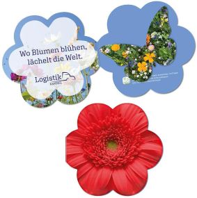 Samenpapier in Klappkärtchen Blume - Design nach Wahl - inkl. Werbedruck als Werbeartikel