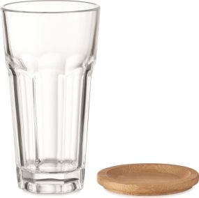 Trinkglas mit Bambusdeckel als Werbeartikel