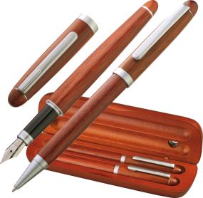 Holz Schreibset mit Kugelschreiber und Füllfederhalter als Werbeartikel