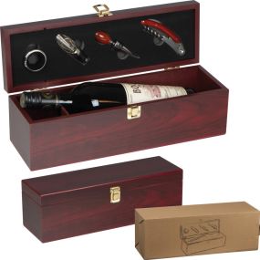 Weinbox aus Holz mit Kellnermesser für 1 Flasche als Werbeartikel