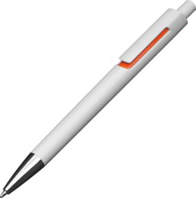 Katalog-Nr.: 3537 Weißer Kugelschreiber mit farbigen Applikationen als Werbeartikel