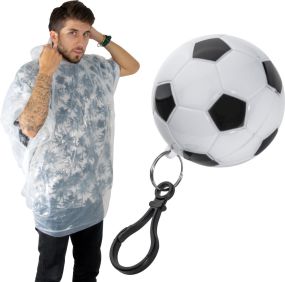 Regenponcho in einer Kunststoffkugel in Fußballoptik als Werbeartikel