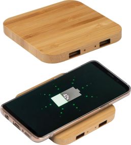 Wireless Charger aus Bambus mit 2 USB Hubs als Werbeartikel