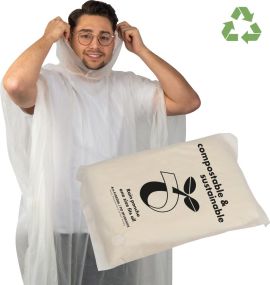Regenponcho in einer Tragetasche - kompostierbar als Werbeartikel