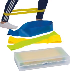 Elastische Fitnessbänder in einer Kunststoffbox als Werbeartikel