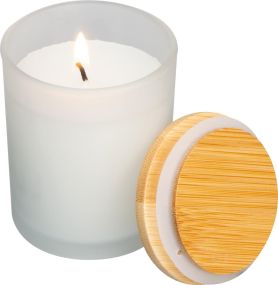 Kerze in gefrostetem Glas mit Bambusdeckel als Werbeartikel