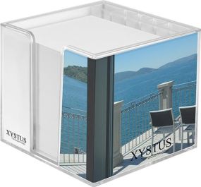 Zettelbox doppelwandig mit Köcher, inkl. 1-seitig CMYK Druck als Werbeartikel