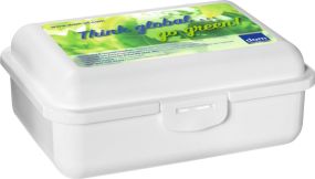 Bio Snack-Box Uno mit Trennfach und 4-c In-Mould-Label als Werbeartikel