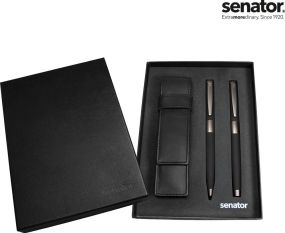 senator® Image Black Line Set (Drehkugelschreiber+ Rollerball in Box mit Lederetui)