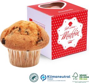 Muffin Maxi im Werbewürfel mit Herzausstanzung als Werbeartikel
