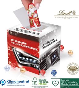 Adventskalender Cube mit Lindt Weihnachtsmann, Recycling-Inlay als Werbeartikel