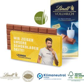 Premium Schokolade von Lindt auf Graspapier, 100 g, Klimaneutral, FSC® als Werbeartikel