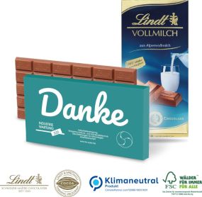 Premium Schokolade von Lindt, 100 g, Express, Klimaneutral, FSC® als Werbeartikel