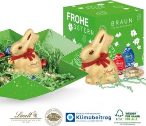 Osterpräsent Cube mit Schokolade von Lindt als Werbeartikel