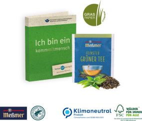 Werbe-Klappkarte mit Premium-Tee auf Graspapier, Klimaneutral, FSC® als Werbeartikel
