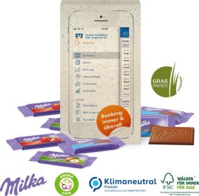 Milka Schokotäfelchen in Präsentbox auf Graspapier, Klimaneutral, FSC® als Werbeartikel