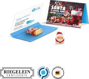 Werbekarte Visitenkartenformat Riegelein Schoko Weihnachtsmann als Werbeartikel