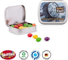 Klapp Dose Skittles Kaubonbons, Druck als Werbeartikel