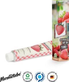 Marmetube Werbeverpackung mit Fruchtaufstrich Erdbeere - inkl. Druck als Werbeartikel