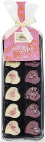 Minischokoladen Herz-Nips, Heidelbeere/Vanille, Etikett als Werbeartikel