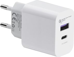 Ladegerät mit Quick Charge für USB Typ A und Typ C als Werbeartikel