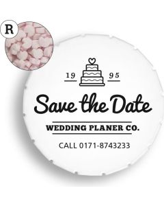 Super Mini Clic Clac Box mit Erdbeerdragees Herzform - inkl. Werbedruck