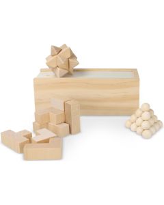 Dieses nachhaltige Set enthält drei spannende Denkspiele: ein Sternenpuzzle, ein Pyramidenpuzzle und ein 3D-Würfelpuzzle, die alle aus FSC-Holz gefertigt sind. Sie sind in einer FSC-Holzbox