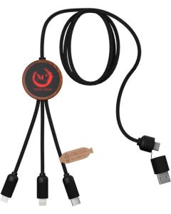 SCX.design C37 5-in-1 rPET Ladekabel in rundem Bambusgehäuse mit Leuchtlogo