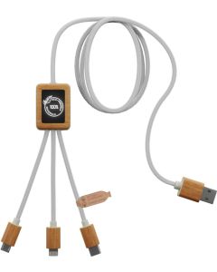 SCX.design C39 3-in-1-Ladekabel aus rPET mit Leuchtlogo und Bambusgehäuse