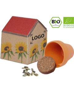 Natur-Häuschen Sonne - Tontöpfchen, Bio Sonnenblume - inkl. 1-4 c Logo-Digitaldruck
