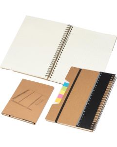 Notizbuch mit Haftnotizen, Ringbuch, Lineal und Gummiband zum Verschließen