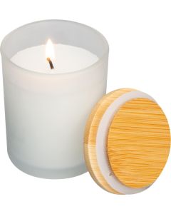 Kerze in gefrostetem Glas mit Bambusdeckel