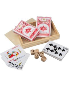 Spielkarten in Holzbox mit Würfel