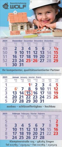 3 Monats-Wandkalender Exclusiv 3 mit Wire-O-Bindung als Werbeartikel