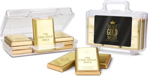 Du bist Gold wert - Goldkoffer mit 12 Goldbarren, Edelvollmilch-Schokolade (120 g) als Werbeartikel