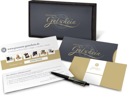 Geschenkgutschein Gold in Holzkiste, große Auswahl an Präsenten, Lifestyle- und Wellnessprodukten, Kategorie 35 € als Werbeartikel