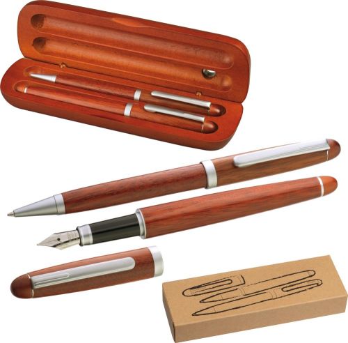 Holz Schreibset mit Kugelschreiber und Füllfederhalter, 14016 als Werbeartikel