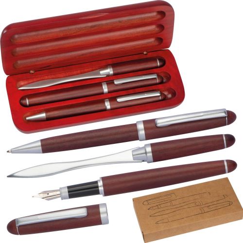 3-teiliges Holzschreibset mit Kugelschreiber, Füllfederhalter und Brieföffner, 18441 als Werbeartikel