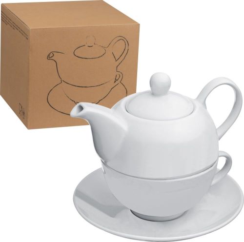 Teekanne mit Tasse und Untersetzer aus Porzellan, 88854 als Werbeartikel