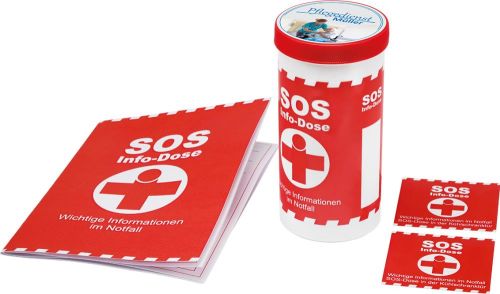 SOS-Info-Dose mit Standardbanderole und Deckaufkleber als Werbeartikel